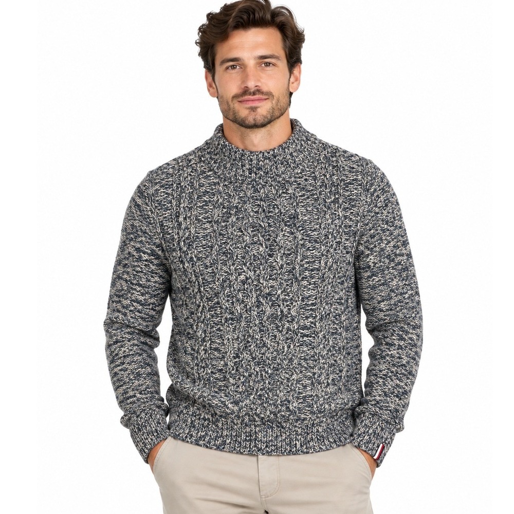 Tommy Hilfiger Mens Grey Blue Cable Knit Mock Neck Marled Sweater | Size M